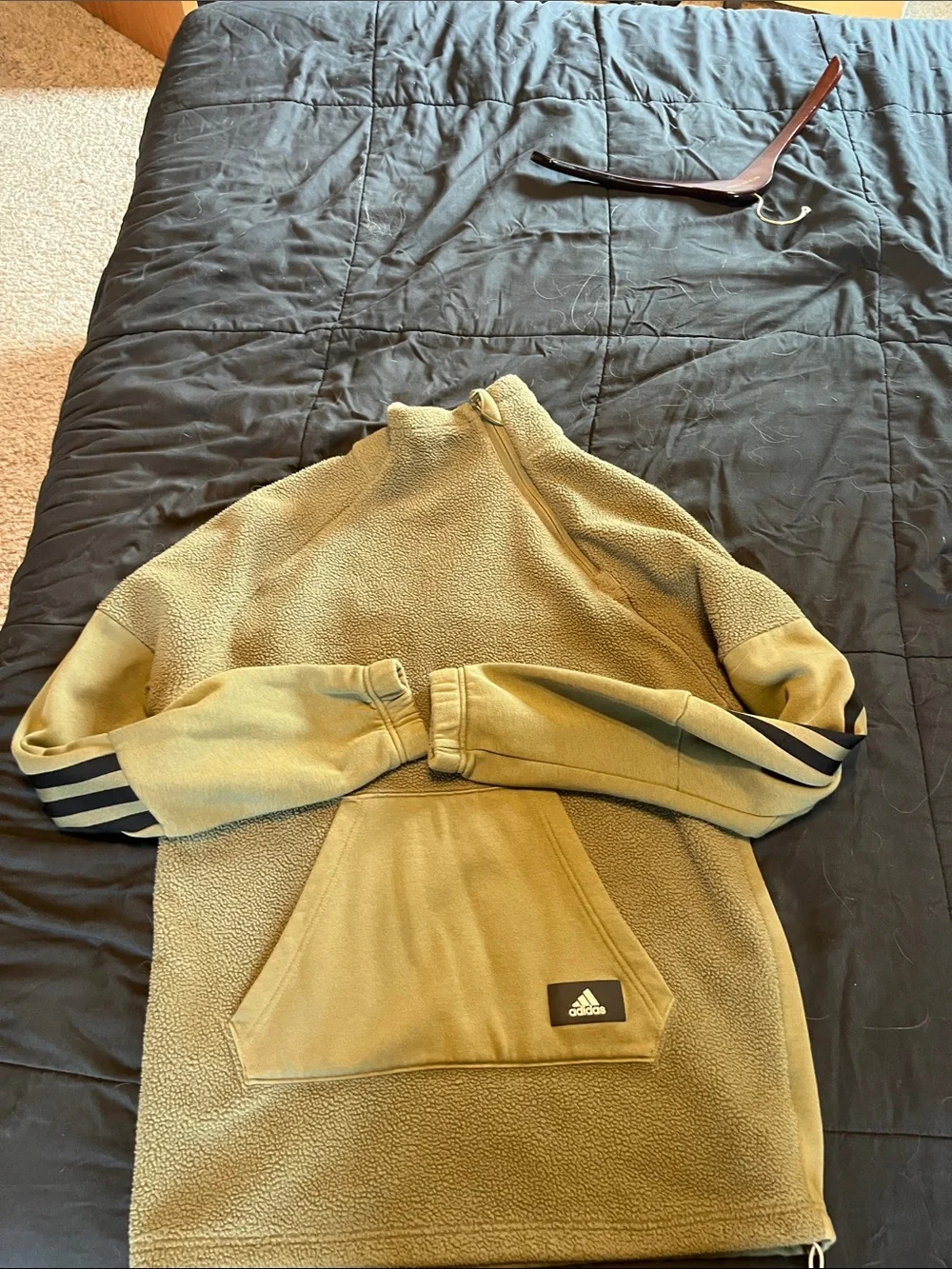 adidas Olive Green Sherpa Pullover with Black Three-Stripes